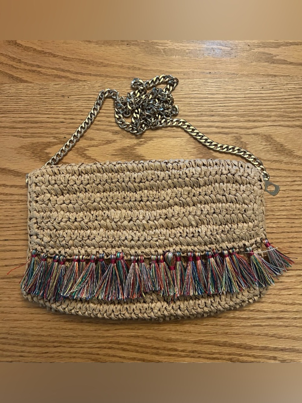 Neutral Straw Crossbody Bag with Multicolor Tassels